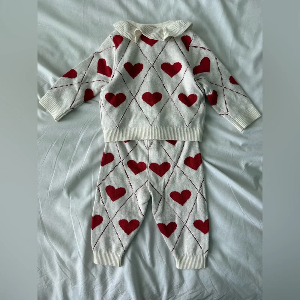 Baby Gap Knit Set 3-6 Months NWT White Red Hearts Ruffles Sweater Pants
